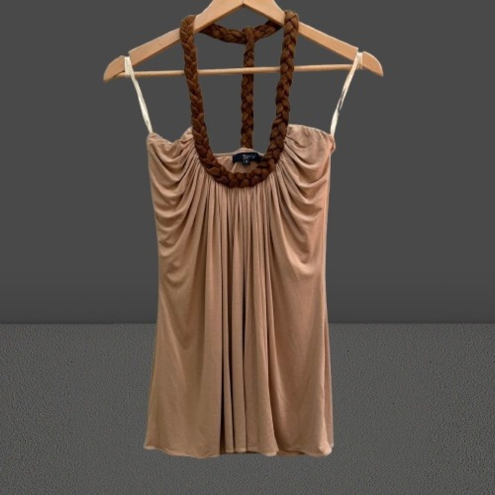 NEW Sky Tan Braided Suede Halter Tank Top Ruched Sleeveless Small